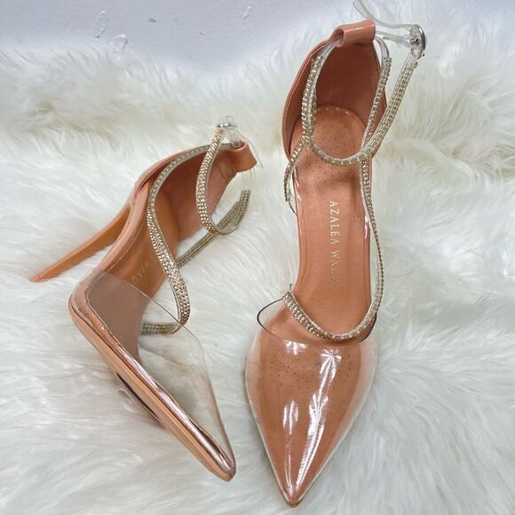 Azalea Wang | clear pointy stilettos 37 Rhinestone details,ankle strap,4” heel - Picture 3 of 5